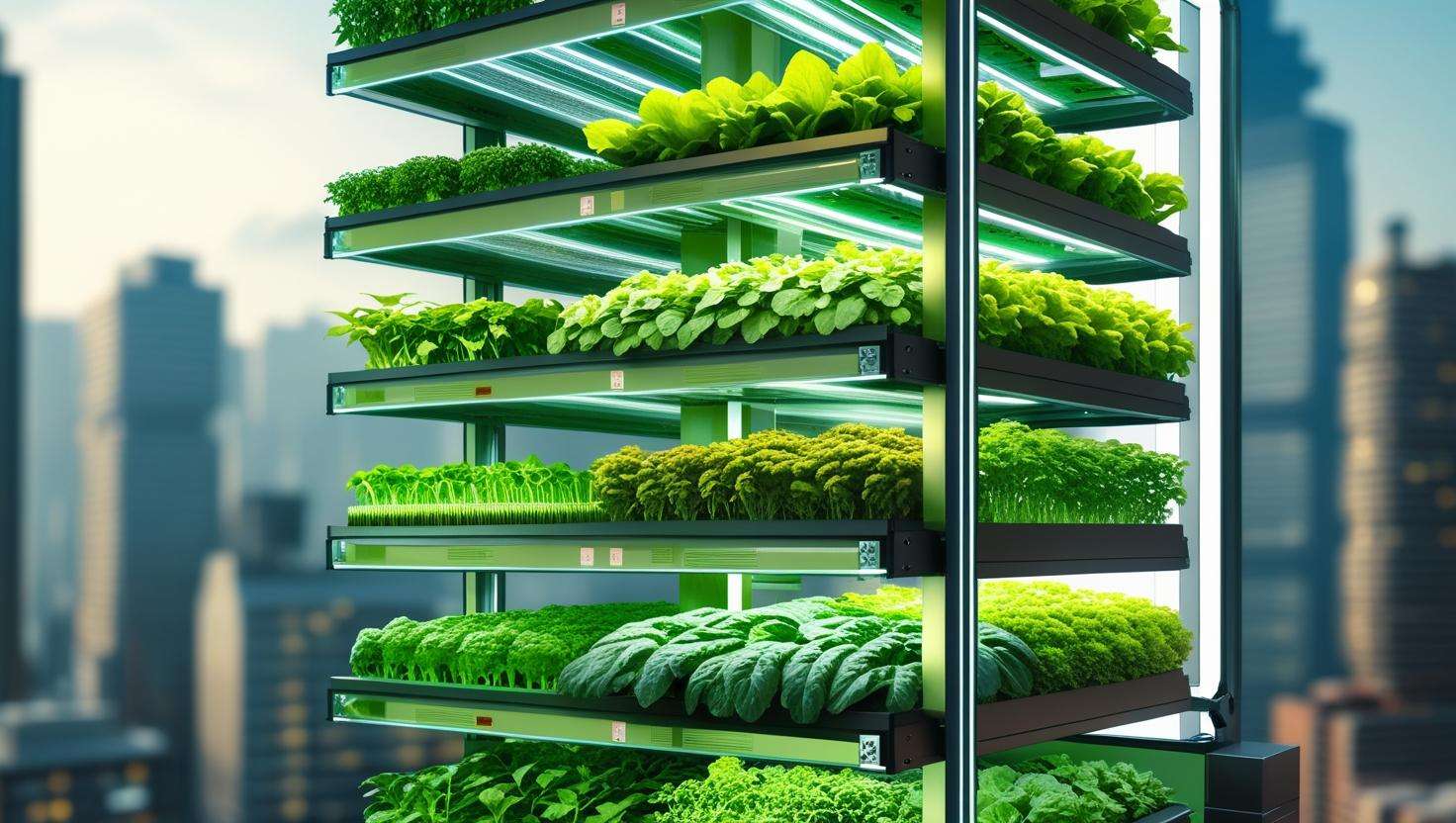 an image of an indoor vertical farming setup with stacked tomato plants arranged in multiple layers. The environment should be well-lit with grow lights, and the space should look efficient and compact, resembling a modern farming facility. Show a clean and organized space with visible hydroponic systems and vibrant green tomato plants