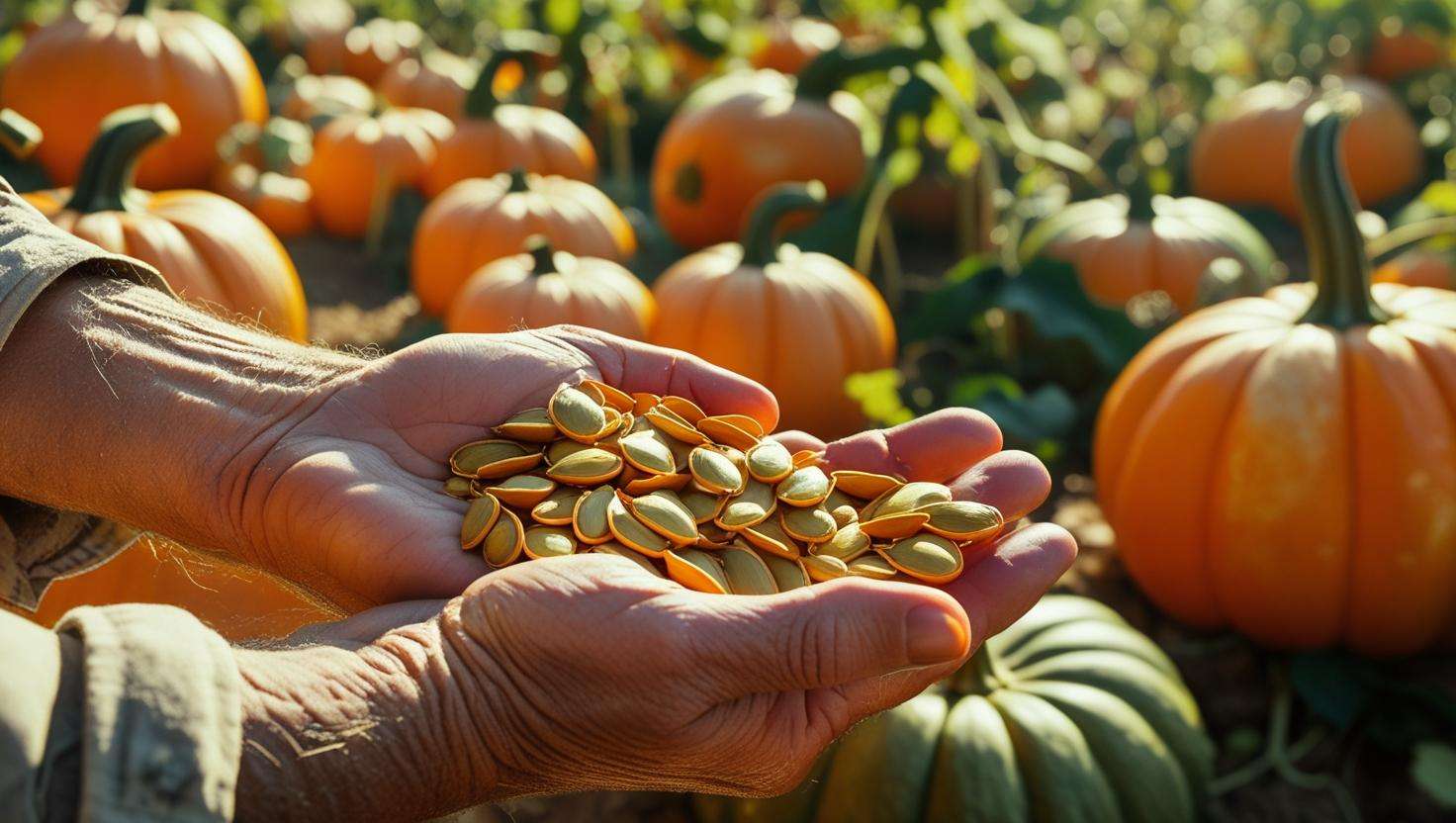 A close-up shot of hands holding pumpkin seeds with fresh, vibrant pumpkins growing in the background. The image should evoke a sense of sustainability and natural farming practices.