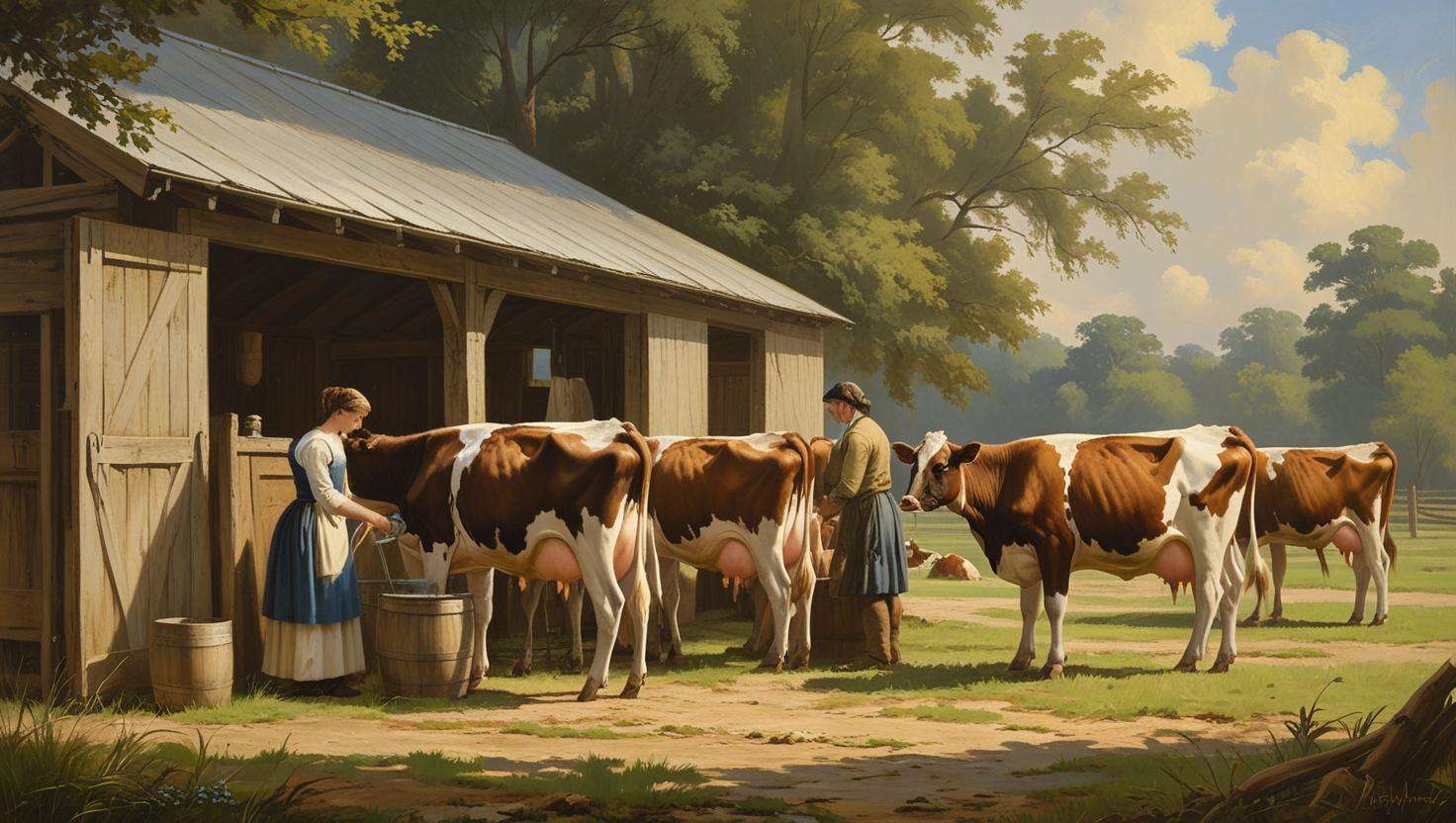 An 18th-century dairy farm in Georgia, featuring European settlers milking cows by hand in front of a rustic wooden barn. The scene captures traditional farming with cows grazing and the peaceful rural landscape.
