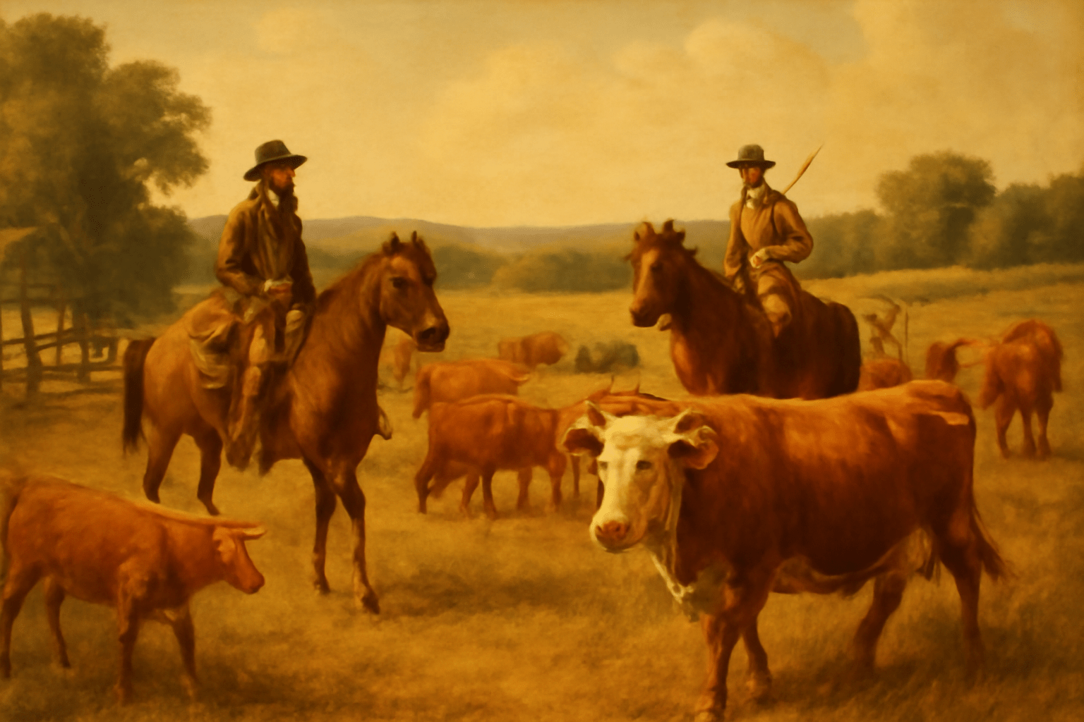 A vintage-style oil painting depicting early settlers guiding cattle across Georgia's rural landscape, with farmers on horseback and grazing cattle, framed by rustic wooden fences and a clear sky. How Did Beef Become Important in Georgia Agriculture