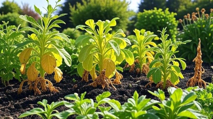  A garden with wilting plants due to overwatering or poor drainage, such as yellowing leaves or root rot.
