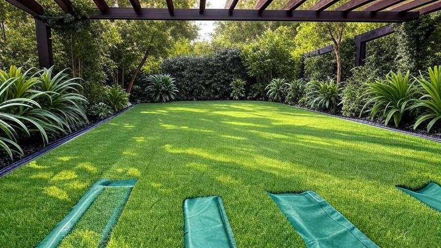 An outdoor space with well-maintained artificial turf, showing different aspects like proper drainage, UV protection, and weed prevention (possibly using a weed barrier fabric).