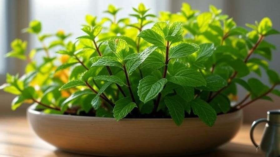A lush orange mint plant with vibrant green leaves and small orange flowers growing in a shallow beige pot, placed on a wooden surface near a window with natural light, accompanied by a small watering can.