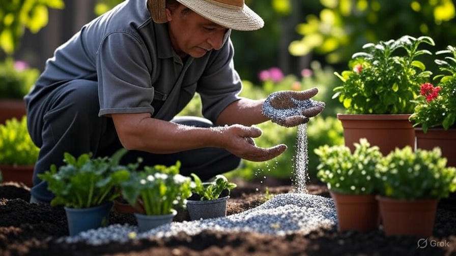  An image of someone applying 20-20-20 fertilizer in either granular or liquid form to a plant, showing the correct method (sprinkling around the base, watering before application).