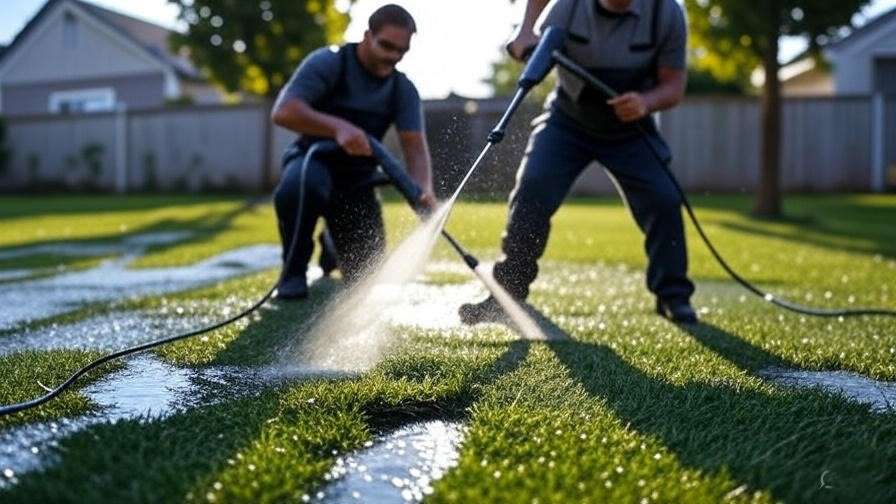 An image showing a person using a power washer on artificial turf, with the turf fibers appearing damaged or flattened.