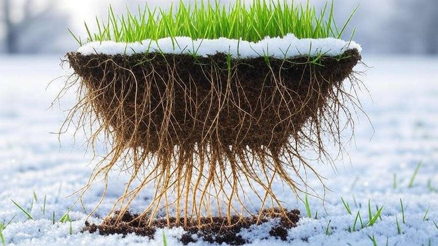 A visual representation of root growth and cold tolerance, possibly showing a cross-section of grass roots beneath the soil with healthy roots growing deep.