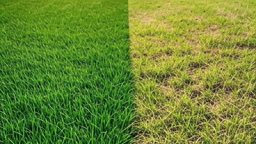 A comparison between a well-maintained artificial turf lawn and a natural grass lawn in disrepair (brown patches, uneven growth).