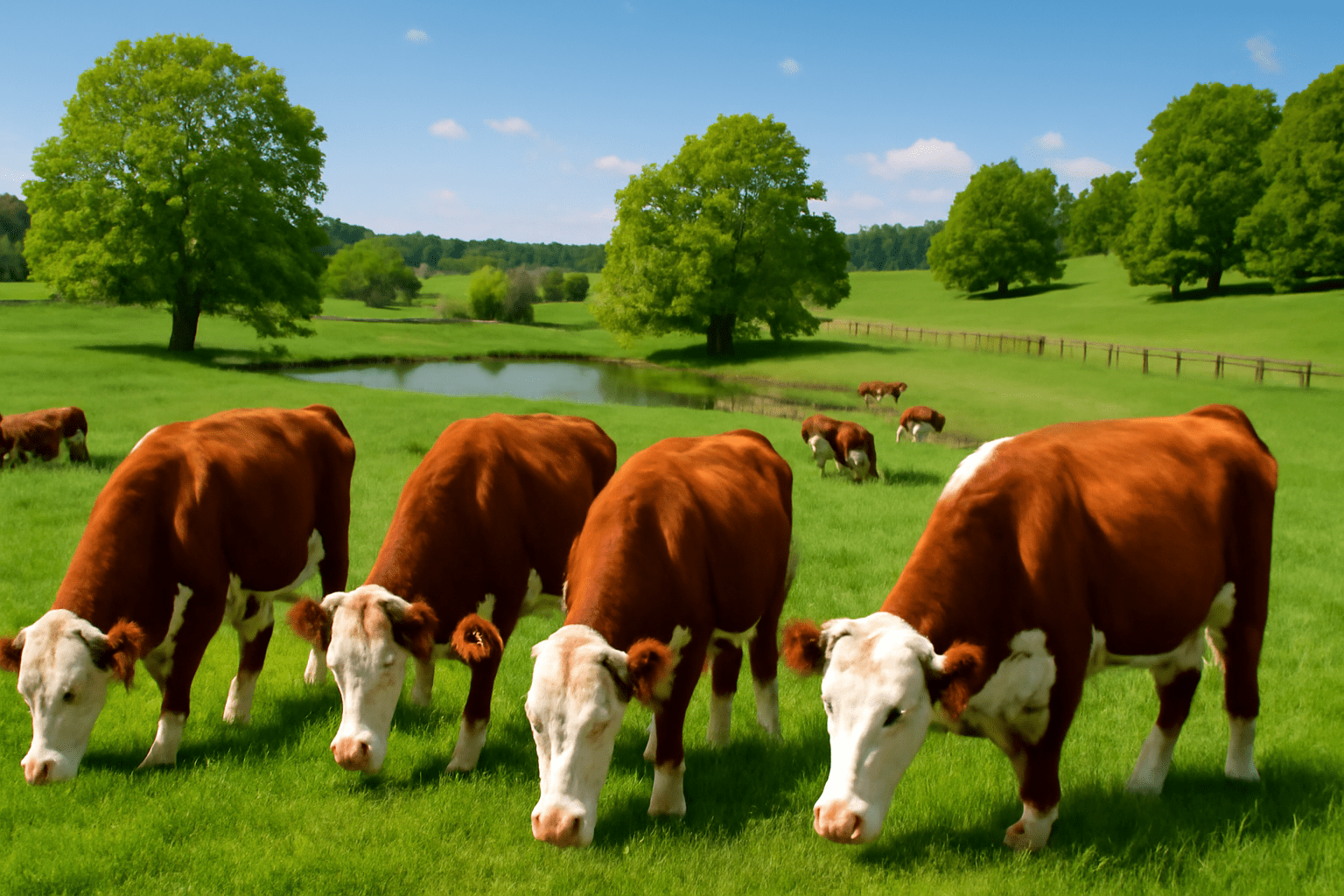 A sustainable beef farm in Georgia with Hereford cattle grazing on lush green pastures, showcasing clear cow faces, rolling hills, a serene pond, and vibrant trees under a clear sky.How Did Beef Become Important in Georgia Agriculture