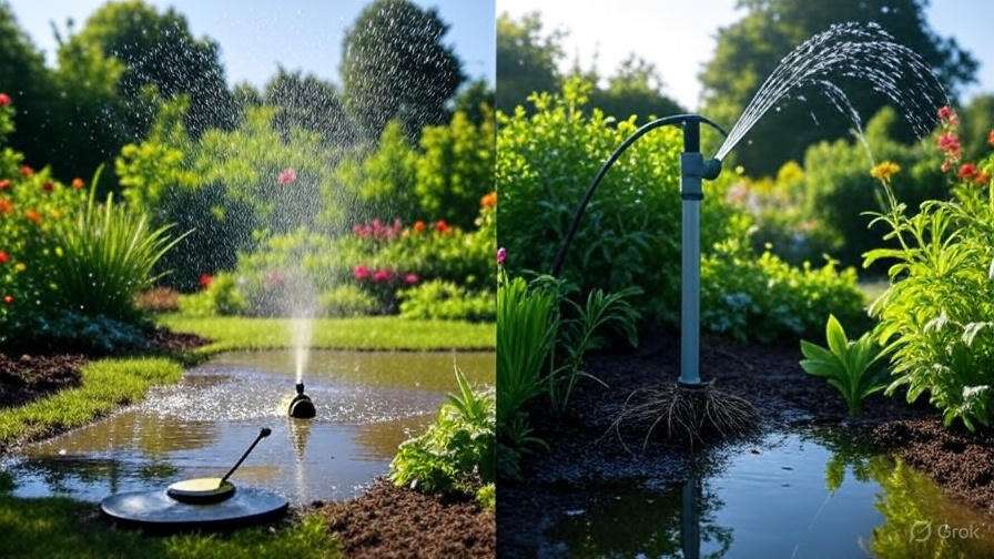 Comparison of traditional irrigation systems and Rain Flo system showing water conservation and efficient watering.
