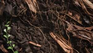 Soil close-up with pine bark mulch decomposing, showing small plant roots growing through the mulch. Soft sunlight filters through, highlighting the texture of the decomposing mulch and soil