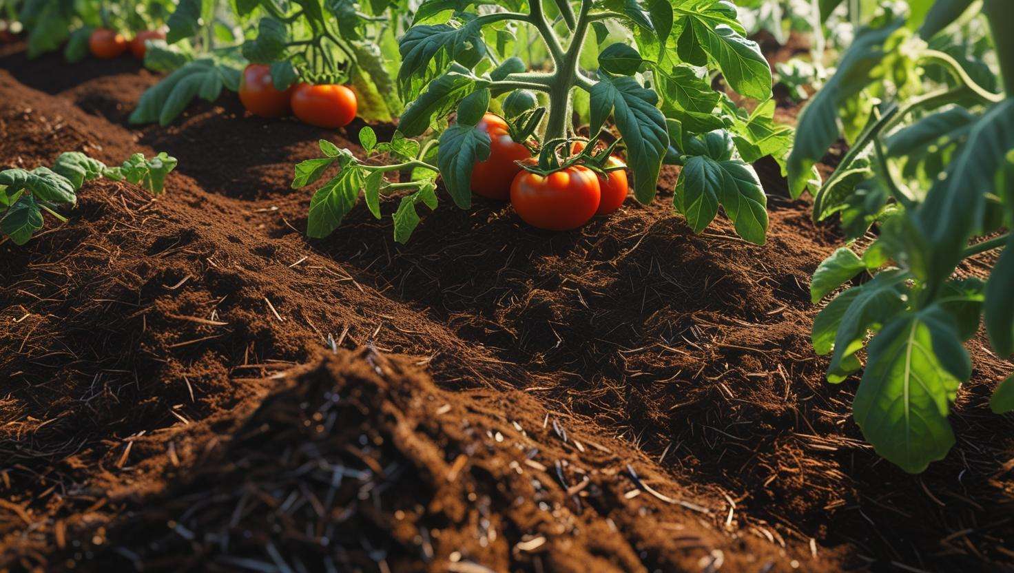 A thriving organic farm with crops like tomatoes or vegetables growing healthily, surrounded by a layer of mulch made from organic materials. The soil appears dark and rich with the mulch layer enhancing the plant's growth.
