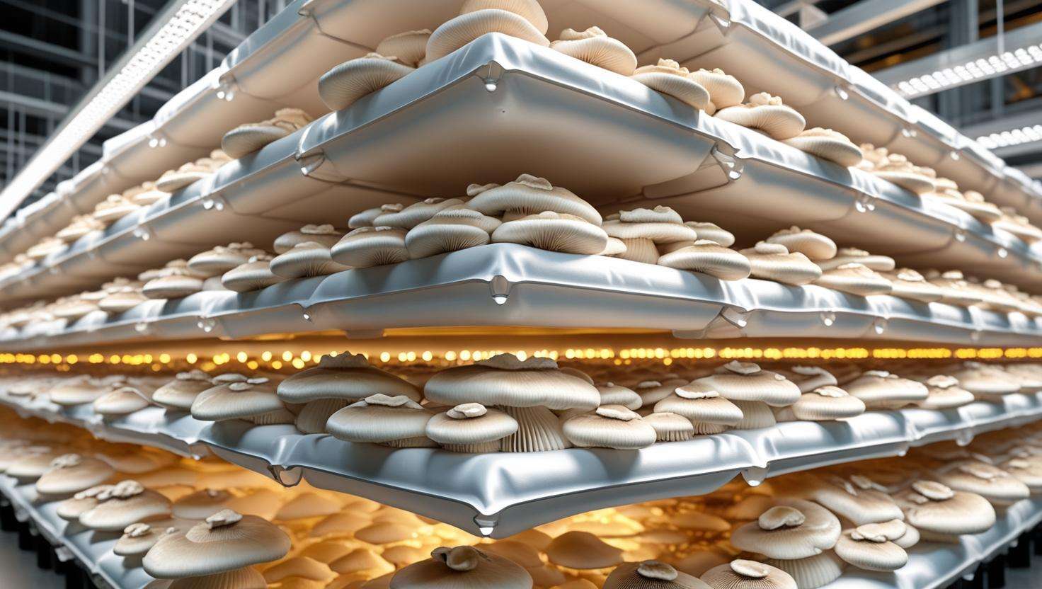 A vertical farming setup in an urban environment, with multiple tiers of mushroom grow bags stacked on top of each other, showing mushrooms growing on each level. The background should feature an indoor farming environment with artificial lighting.