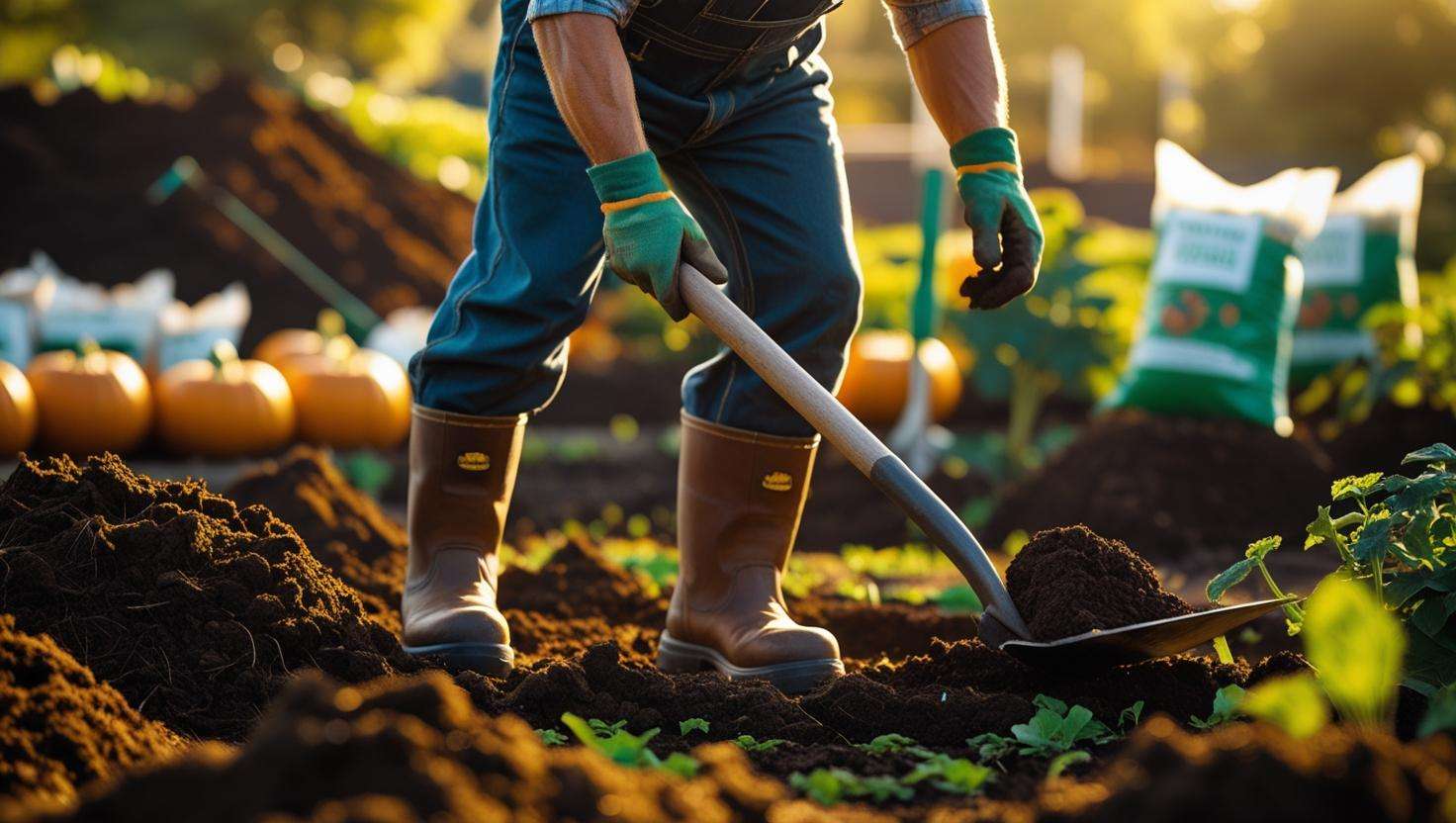 A gardener working the soil with a shovel in a garden, with compost piles and organic fertilizers in the background, preparing for pumpkin planting. Natural light and earthy tones.