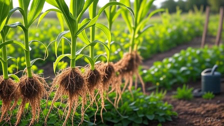 Illustrate a garden or farm plot with beans and corn growing together in the same space. Show beans climbing up the corn stalks, with roots intertwined to indicate nutrient sharing. The crops should look healthy and lush, with a clear focus on how intercropping benefits both plants.