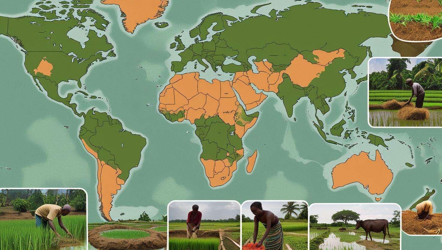 A world map highlighting regions where subsistence farming is common, such as Africa, Asia, and Latin America. Small images of rural farms with people farming in traditional ways are integrated into the map to show the global scale of subsistence agriculture.