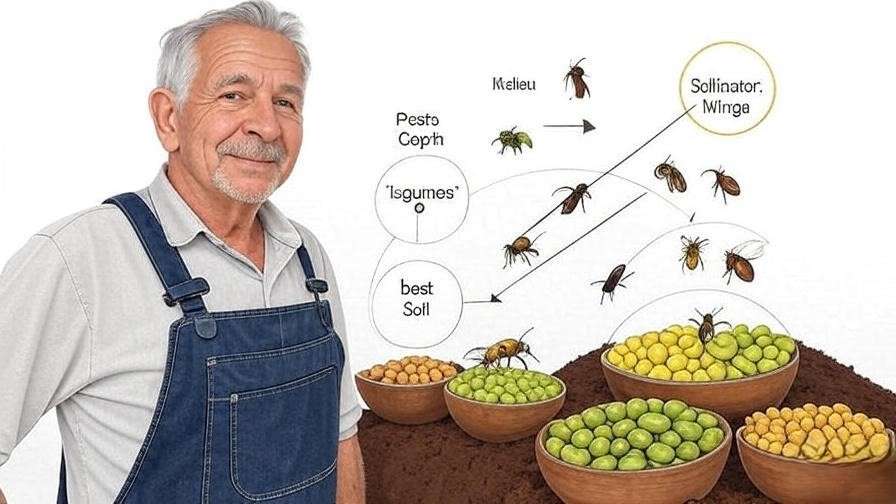 An informative diagram showing nutrient cycling in soil. Include legumes (like peas and beans) fixing nitrogen, other crops depleting nutrients, and arrows representing the nutrient flow. Highlight pests and beneficial insects, such as pollinators and natural predators. Make the illustration clear and educational with labeled elements like 'legumes,' 'soil,' 'pests,' and 'beneficial insects.