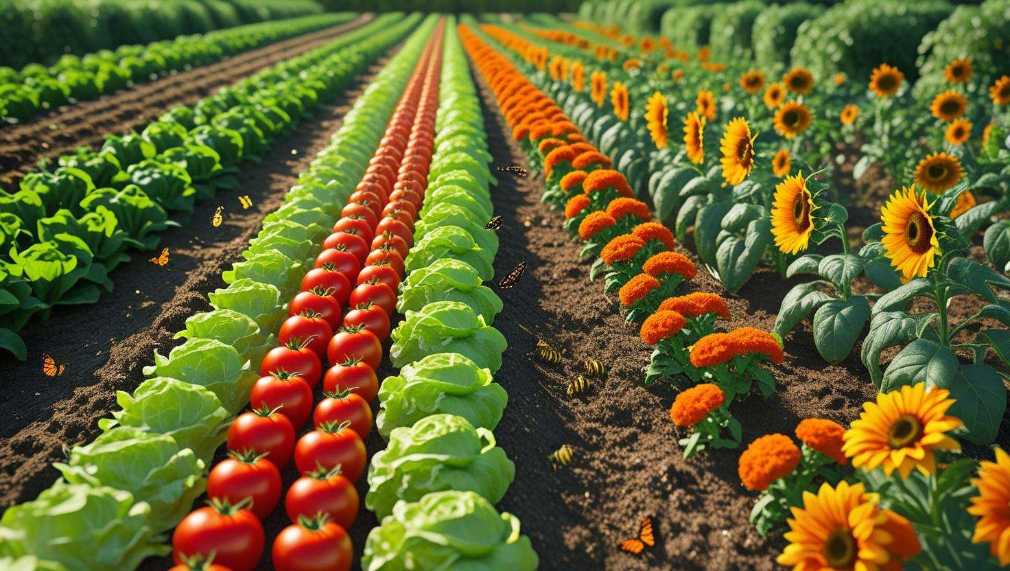 A diverse, organic farm with different crops planted in alternating rows. The scene shows a mixture of vegetables with flowers like marigolds planted together, indicating intercropping.