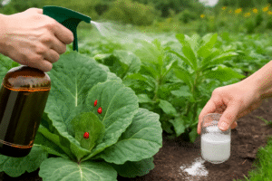 Farmer spraying neem oil on cabbage leaves with ladybugs visible on the plants, while another hand sprinkles diatomaceous earth around the crops in an organic garden