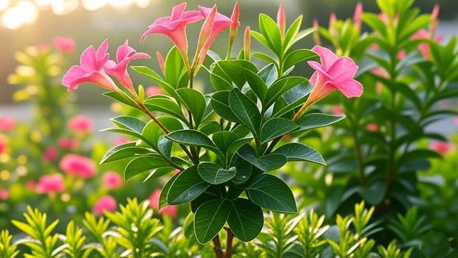 Dipladenia plant with vibrant pink blooms and glossy green leaves in a garden