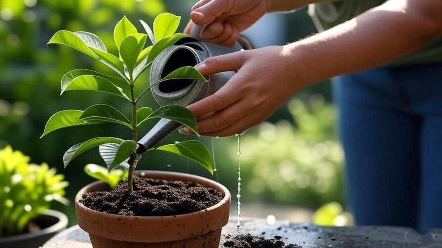 "Watering a Dipladenia plant in a well-drained pot to keep the soil moist."
