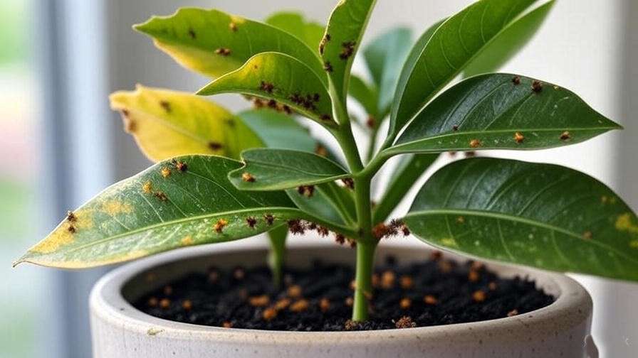 "Dipladenia plant with aphids on leaves showing typical pest damage."
