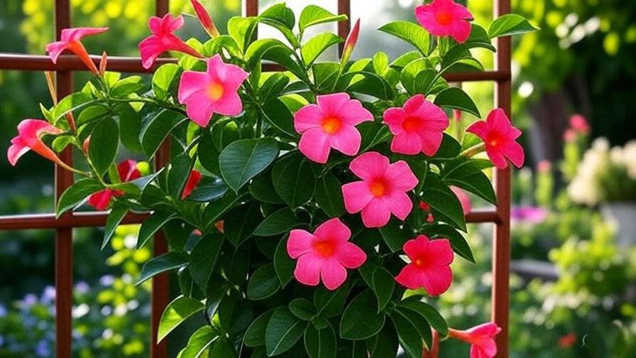 Dipladenia plant growing outdoors on a trellis with colorful blooms in a sunny garden."
