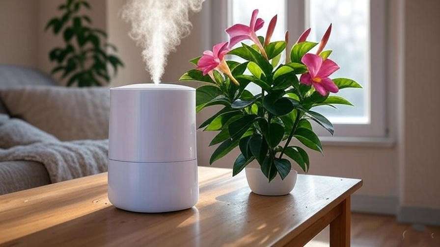 Dipladenia plant indoors with a humidifier to boost humidity levels for healthy growth
