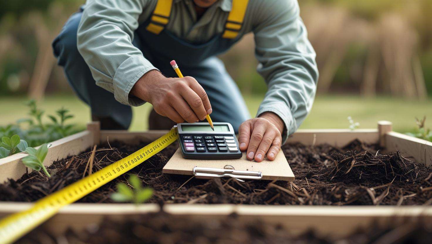 An image of a gardener measuring the length and width of a garden bed with a measuring tape. Include a calculator and a pencil, symbolizing the process of calculating mulch requirements. The image should have a clear, instructional feel with a soft natural background.