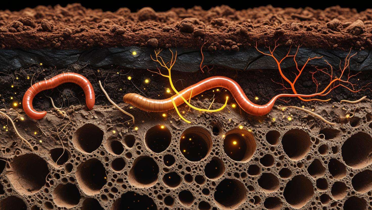 A cross-sectional view of soil with a layer of organic mulch on top. Beneath the mulch, show healthy soil teeming with microorganisms like earthworms, bacteria, and fungi, all actively enriching the soil. Highlight the healthy structure of the soil with visible spaces for air and water.