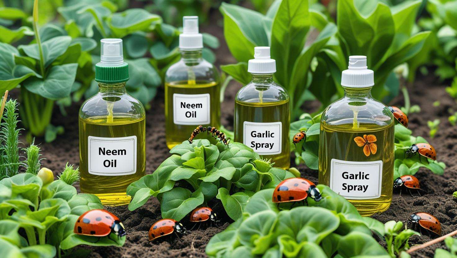 Close-up of a thriving vegetable garden with cabbage and carrot plants, where beneficial insects like ladybugs and a lacewing are seen. Organic pest control bottles of neem oil and garlic spray are placed near the plants, highlighting natural pest management methods.