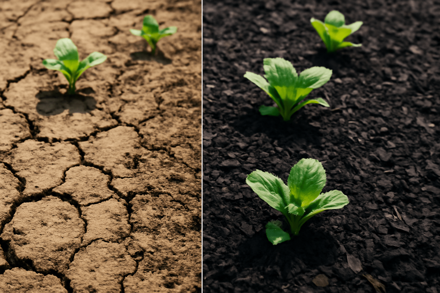 A split image showing two garden areas: one side with dry, cracked soil under the sun and the other side with dark black mulch covering the soil, appearing moist and healthy. The black mulch layer should be absorbing and retaining moisture.