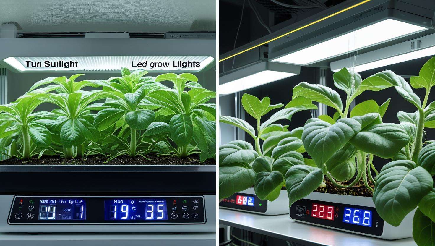 A comparison of Aulium growing in a hydroponic system and under LED lights, showing the controlled environments with clear indications of temperature, humidity, and light conditions.