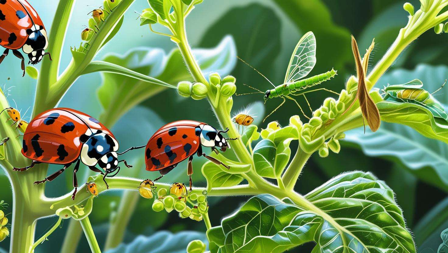 An Illustrate of close-up of beneficial insects (ladybugs and lacewings) on plants, actively eating aphids or other harmful pests. Show the beneficial insects in clear, vibrant detail, interacting with the plants. 