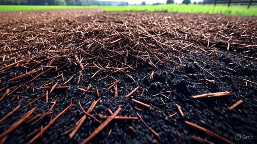 A farm field with fresh mulch spread across the soil, visibly protecting the ground. The soil should appear dark and rich, and the scene should convey a sense of health and vitality. Light should highlight the contrast between the soil and mulch, showing sustainability in practice.