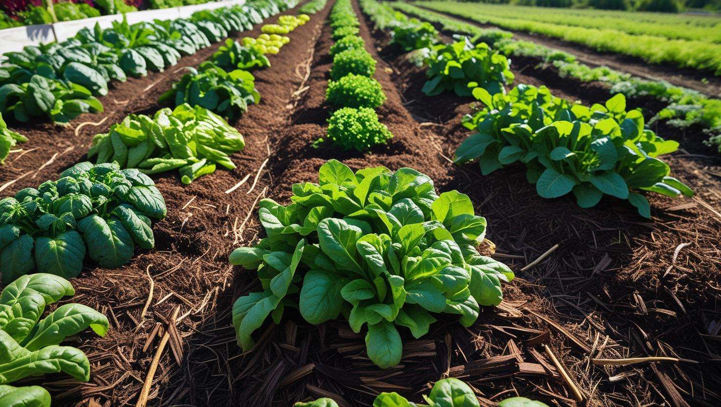 Wide view of a vibrant organic farm on a sunny day, showcasing lush green leafy plants thriving in rich, dark brown soil. Freshly applied reddish-brown hardwood mulch borders the rows of plants, contrasting beautifully with the soil and providing a clean, weed-free environment. The overall scene is bathed in warm, natural light, highlighting the healthy growth and the meticulous care of the farm. The image should be high resolution and in a photorealistic style.