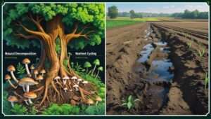 An infographic split in two. On one side, a tree decomposing with mushrooms growing, symbolizing sustainability. On the other side, traditional soil farming with soil erosion and pollution. Add text labels to show the differences.