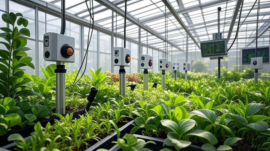 A modern greenhouse with automated irrigation system components including moisture sensors, controllers, and valves for precise water distribution.