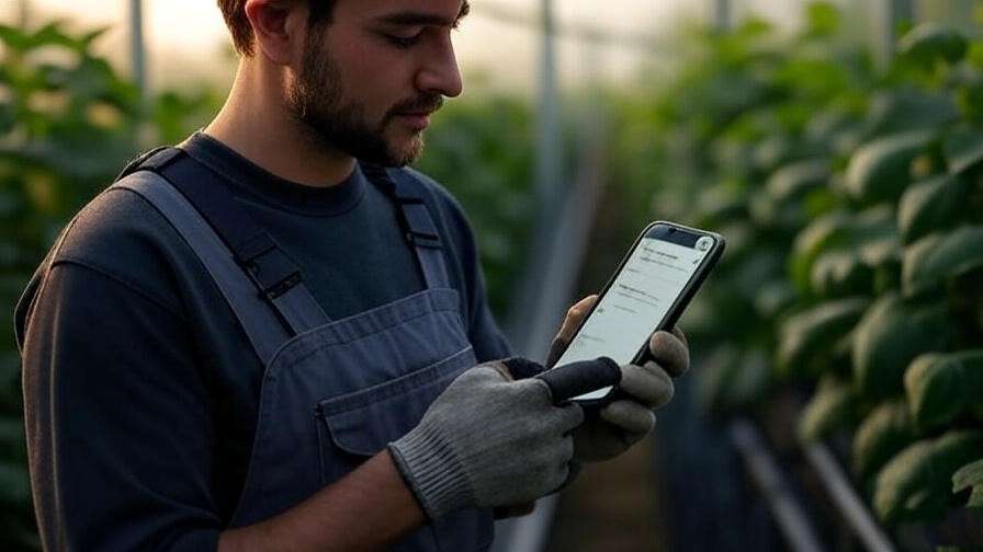 Technician troubleshooting irrigation control issues in a greenhouse using a smartphone app.