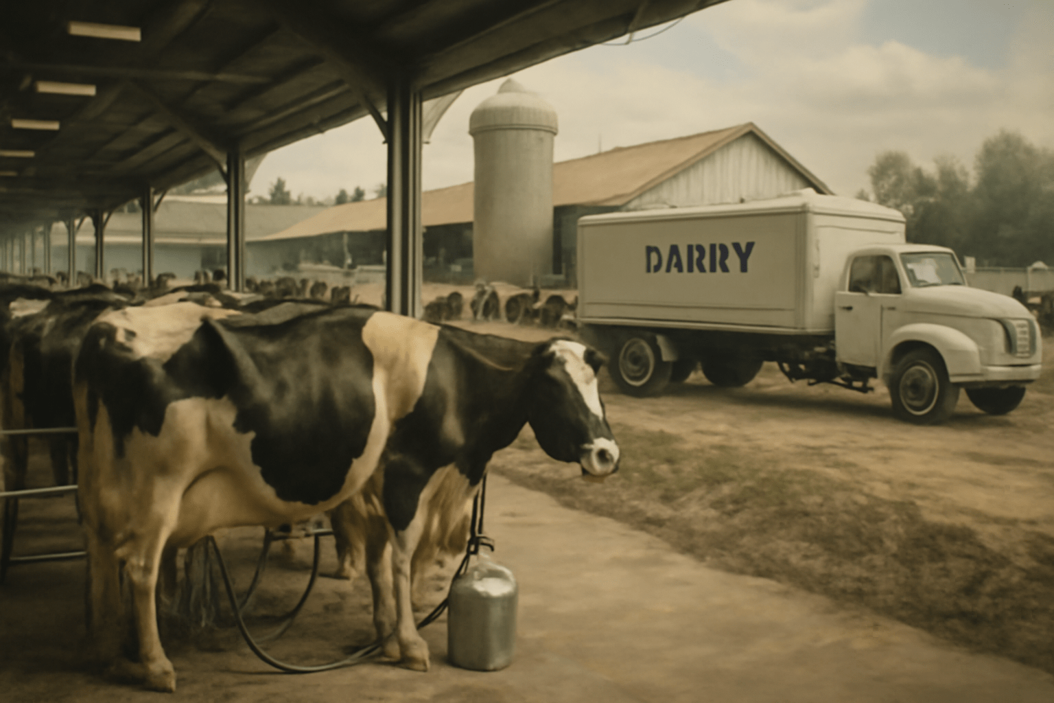A 1950s industrial dairy farm scene, featuring Holstein cows lined up in a milking barn with automated milking machines. A refrigerated milk truck is parked outside, showcasing modern farming equipment in a spacious barn.
