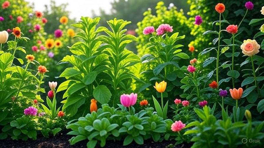 An image showing a healthy, thriving garden or potted plants with vibrant foliage, flowers, and a healthy root system.