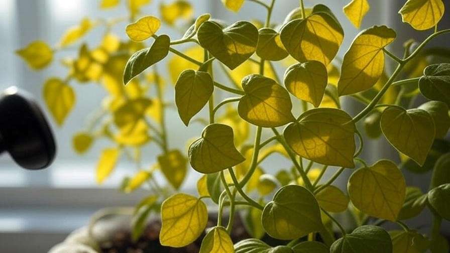  A close-up of yellowing leaves or drooping vines on a pickle plant, possibly with a magnifying glass to signify troubleshooting.