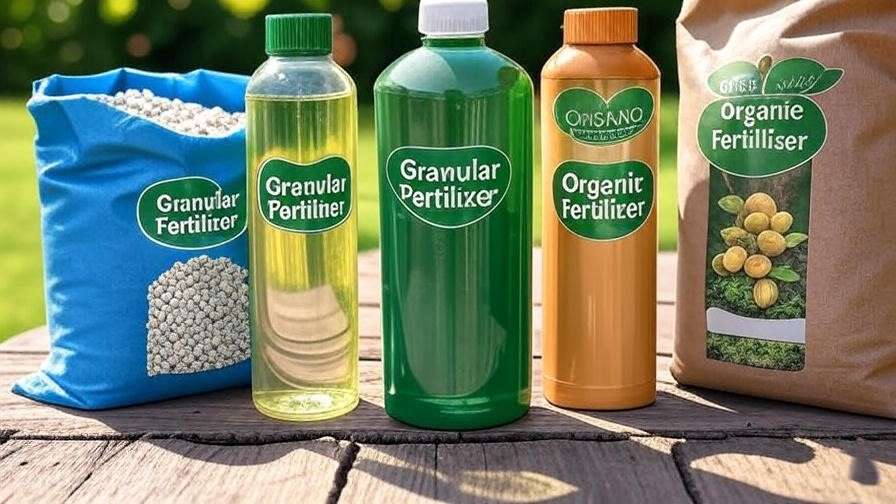  Close-up of different types of lawn fertilizers (granular, liquid, organic).