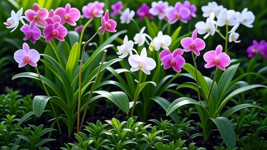  A vibrant, close-up image of ground orchids in full bloom, showcasing various colors like pink, purple, and white.
