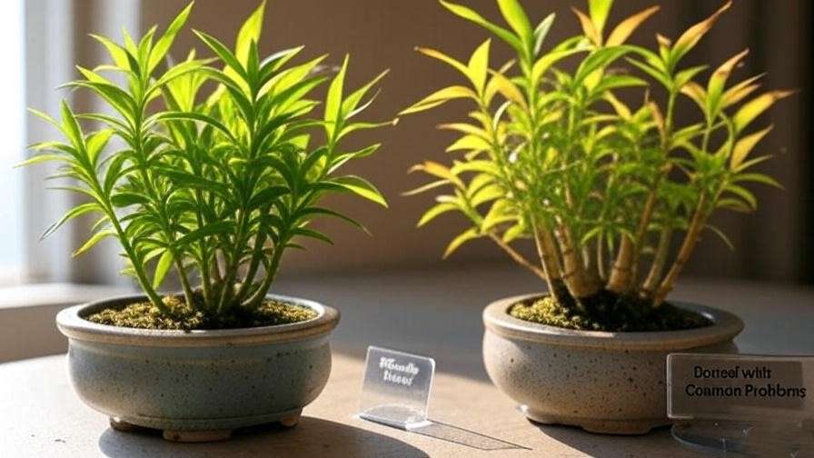 A visual comparison showing bonsai bamboo plants with yellowing leaves, browning tips, and healthy plants.