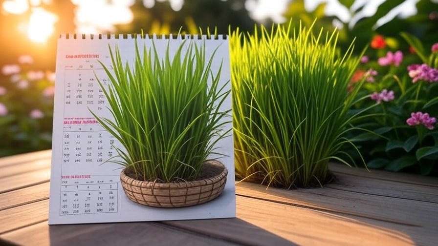  A monthly calendar showing the ideal times to fertilize Bermuda grass, along with images of a healthy lawn in each corresponding month (spring, summer, late summer).