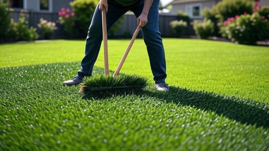 A step-by-step visual of someone preparing the ground (removing grass) and laying down the base material for artificial turf.