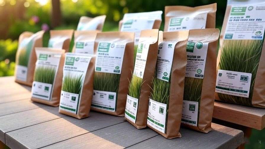  A range of turf type tall fescue seed packages, with labels highlighting germination rates and certifications.