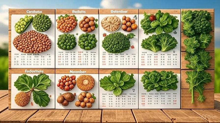 A crop rotation calendar for organic farming, displaying different crops in each season. Show legumes, cereals, root vegetables, and leafy greens in their respective months. Use clear labels for each crop, and ensure the design reflects a year-long plan. Include symbols like a sun for growing season, arrows for rotation, and a calendar format.