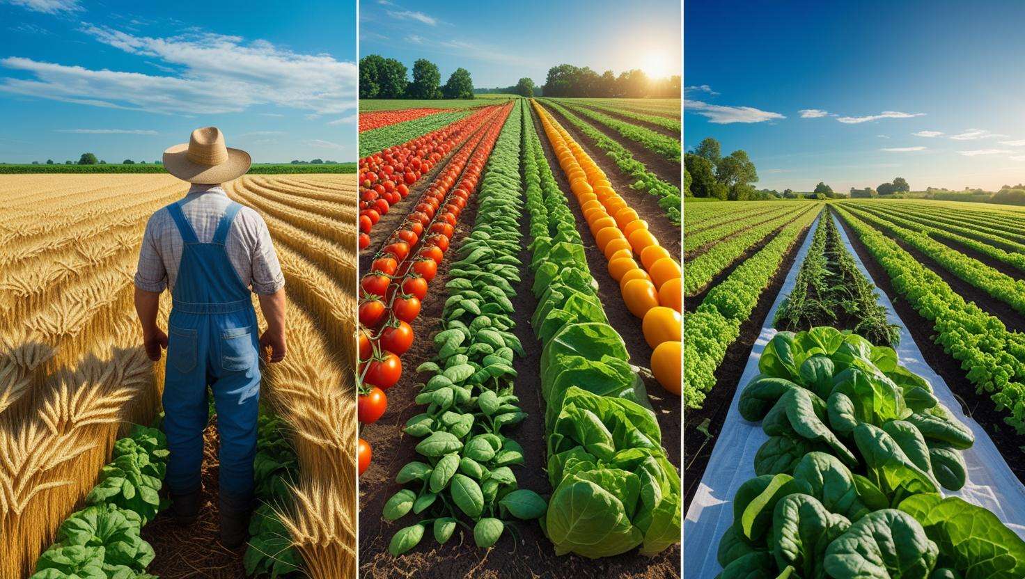 A collection of three farm images: 1) A farmer in a field of wheat and legumes, with healthy crops growing, 2) A mid-sized farm with diverse crops, including vegetables and grains, and 3) A small, organic farm showcasing leafy greens like lettuce and spinach with no visible pests. All farms should appear lush, thriving, and sustainable, demonstrating the success of crop rotation.