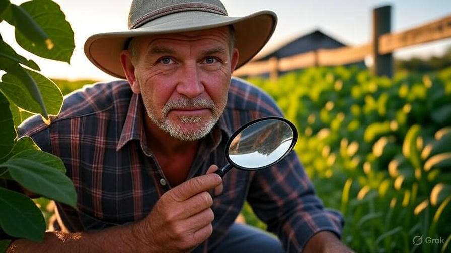 A close-up of a farmer inspecting the underside of leaves with a magnifying glass, carefully checking for pests. The farmer is in an organic farm, with healthy crops around them. Generate a perfect SEO friendly realistic featured image in 16:9 aspect ratio for this prompt. Give me a perfect and SEO friendly image Alt text for this image.